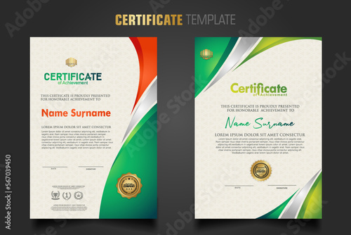 Modern certificate template with beautiful combination color on waving shape background