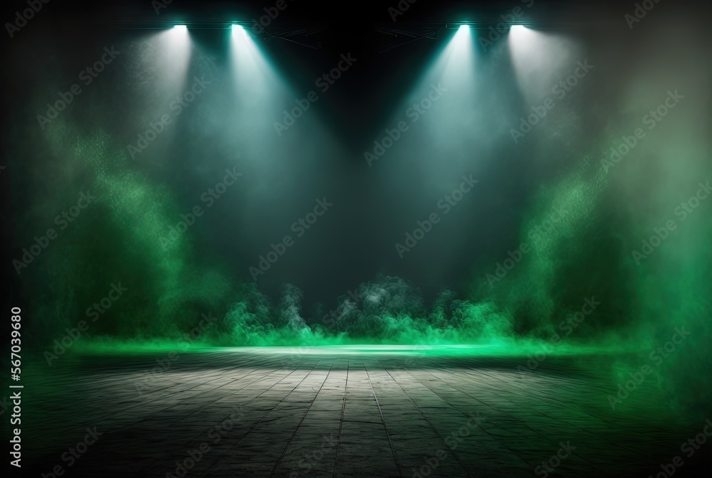 green spotlights shine on stage floor in dark room, idea for background, backdrop, mock up, Generative Ai
 - obrazy, fototapety, plakaty 