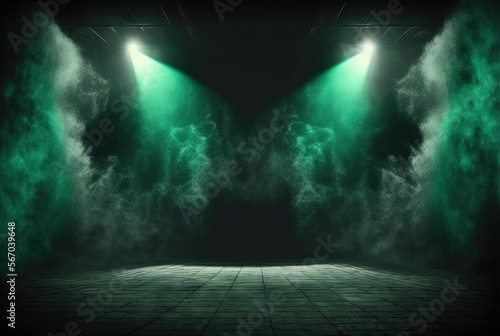 green spotlights shine on stage floor in dark room, idea for background, backdrop, mock up, Generative Ai 