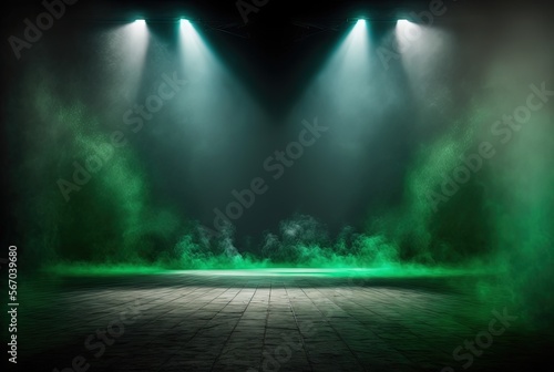 Tableau sur toile green spotlights shine on stage floor in dark room, idea for background, backdro