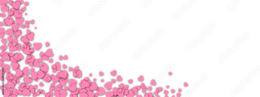 Love valentine background with pink petals of hearts on white background. Vector banner, postcard, background.The 14th of February. Vector EPS 10