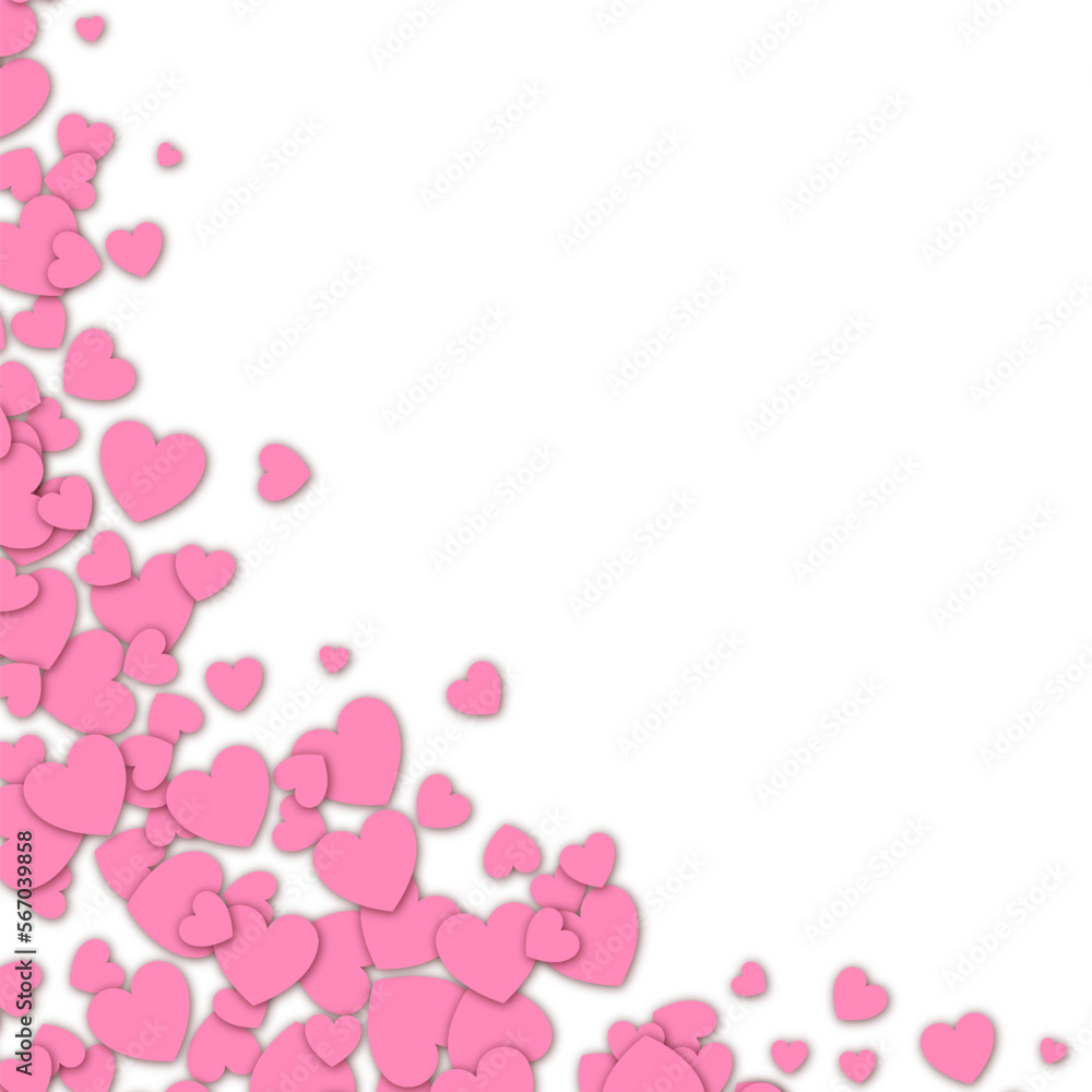 Love valentine background with pink petals of hearts on white background. Vector banner, postcard, background.The 14th of February. Vector EPS 10