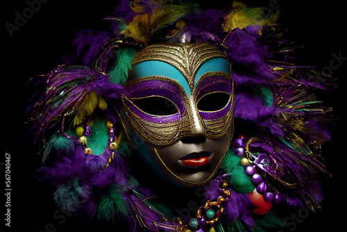 Mardi Gras Mask with Feathers and Beads