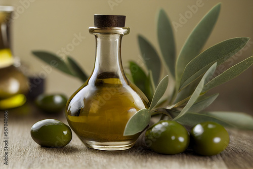 olive oil surrounded by several fresh olives lies on a wooden table, generative AI