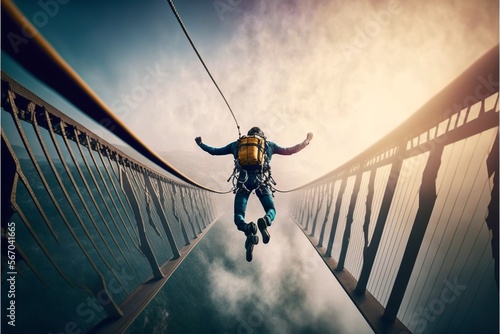 Bungee jumping man hanging with concrete wall on the background and bridge with extreme sport vibes photo