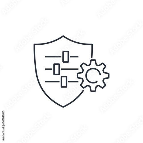 Shield and settings mechanism. Improvement, update protection, security .Vector linear icon isolated on white background.