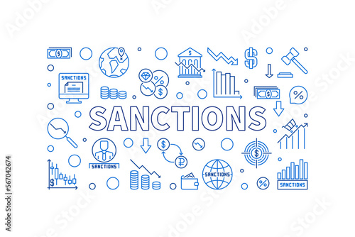 Sanctions horizontal vector banner. Economic Penalties thin line illustration