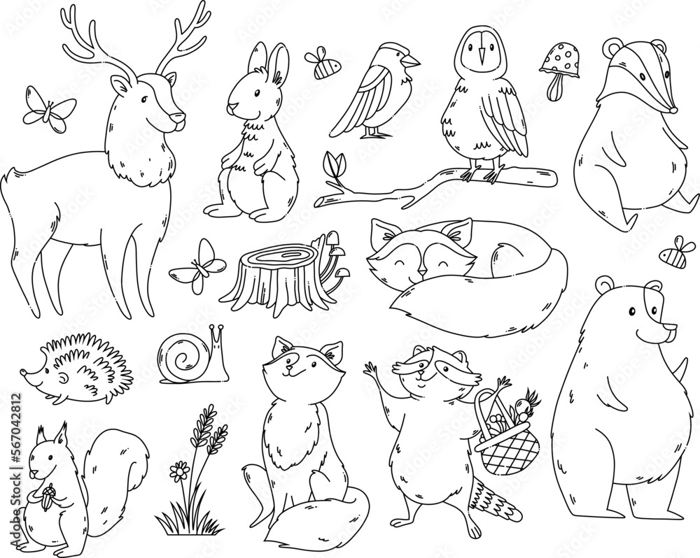 Black outline forest animals and nature elements isolated clipart set ...