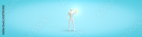 A modern human robot holds an electric light bulb in his hand. 3d render on the topic of technology  Internet  electricity  electronic devices. Modern minimal style  blue background.