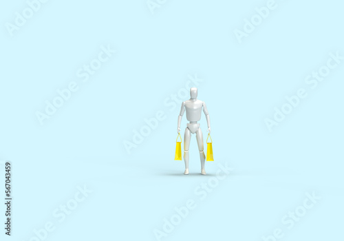 A modern robot comes with yellow bags from the store. 3d render on the topic of shopping, shopping, artificial intelligence and technology. Blue background.
