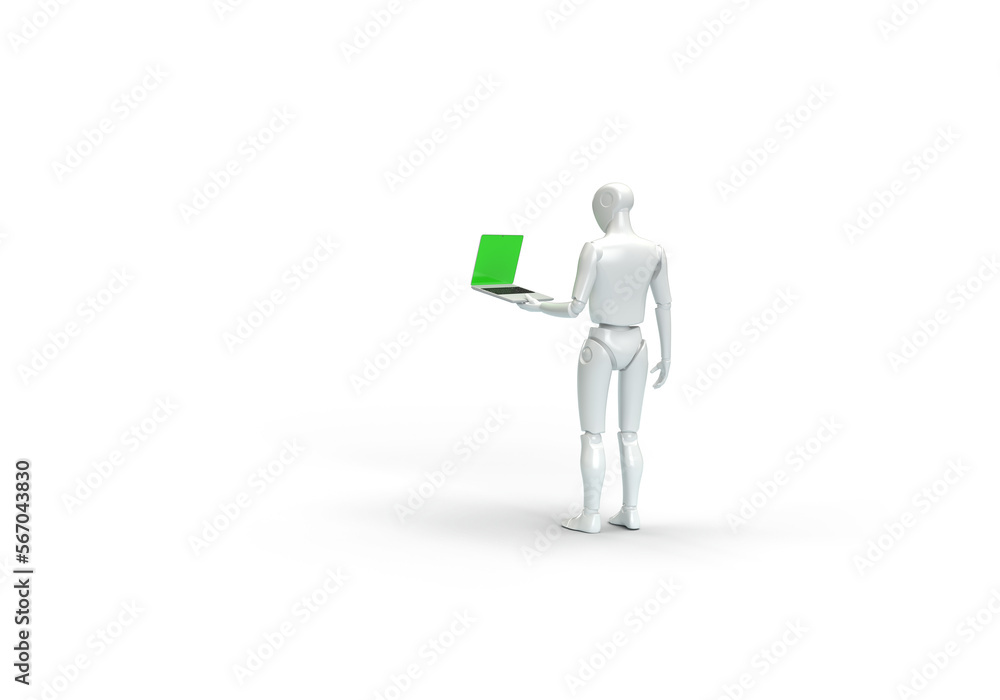 A modern human robot is holding a laptop in his hands. 3d render on the topic of technology, engineering, neural networks and artificial intelligence. Transparent background. A modern human robot is holding a laptop in his hands. 3d render on the topic of technology, engineering, neural networks and artificial intelligence. Transparent background.
