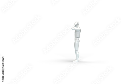 A modern human robot is holding a smartphone in its hands. The robot is talking on the phone. 3d render on the topic of communication and artificial intelligence. Transparent background.