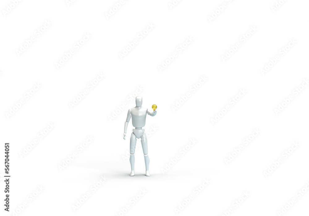 A modern human robot holds an electric light bulb in his hand. 3d render on the topic of technology, Internet, electricity, electronic devices. Modern minimal style, transparent background. A modern human robot holds an electric light bulb in his hand. 3d render on the topic of technology, Internet, electricity, electronic devices. Modern minimal style, transparent background.