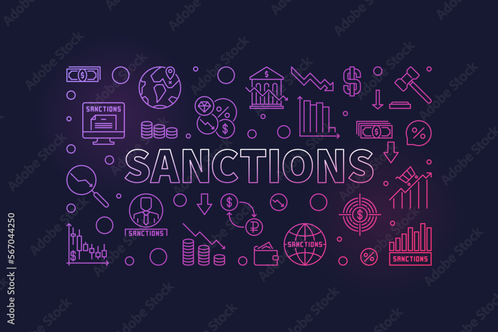 Sanctions horizontal vector colored banner - Economic Penalties linear illustration