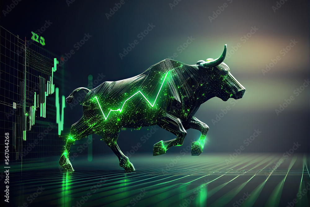 Bull stock market trading investment stick graph. Finance and economy concept. Generative AI - obrazy, fototapety, plakaty 