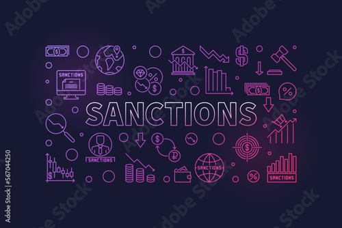 Sanctions horizontal vector colored banner - Economic Penalties linear illustration