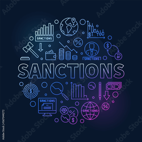 Sanctions round colorful banner - Commercial Penalties concept outline illustration