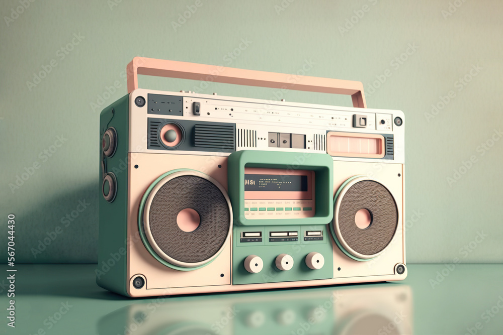 Fototapeta premium Retro green and pink boom box on the table soft pop style. Generative AI