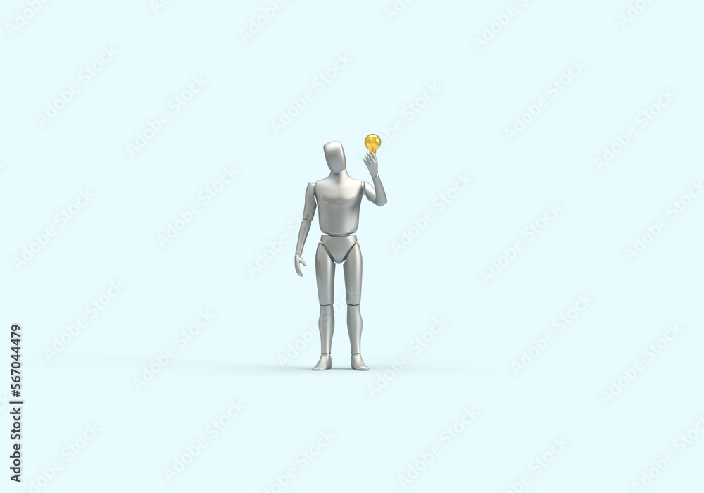 A modern human robot holds an electric light bulb in his hand. 3d render on the topic of technology, Internet, electricity, electronic devices. Modern minimal style, blue background. A modern human robot holds an electric light bulb in his hand. 3d render on the topic of technology, Internet, electricity, electronic devices. Modern minimal style, blue background.
