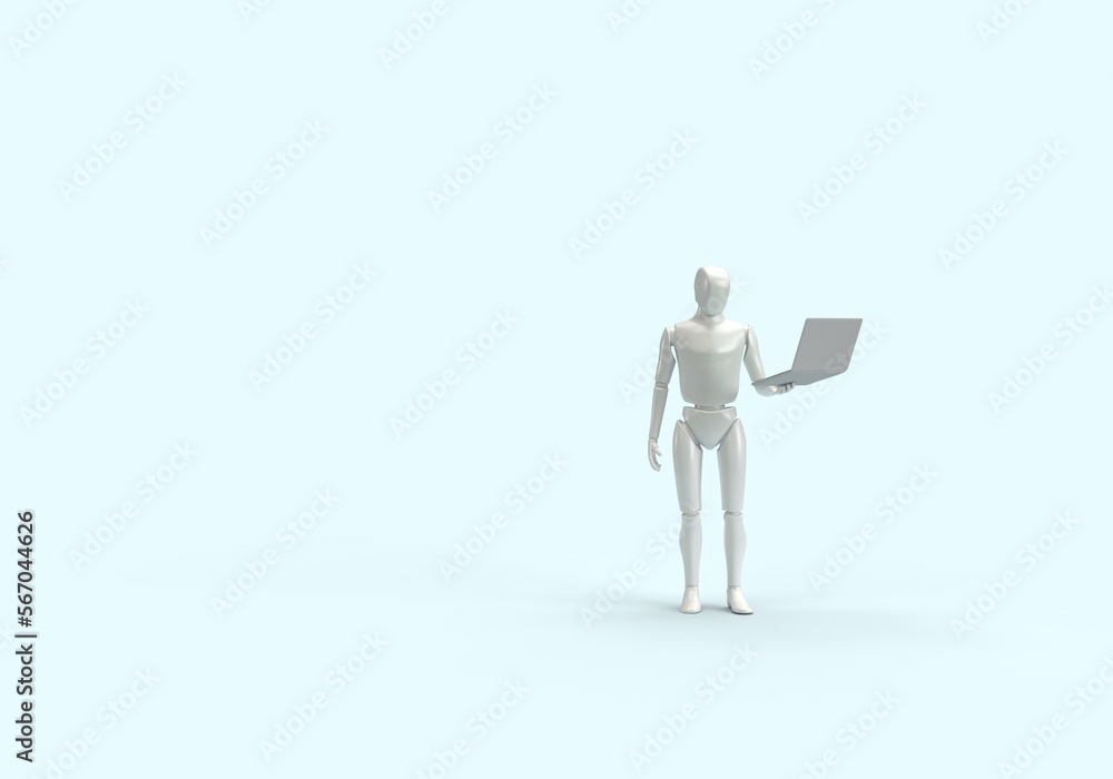 A modern human robot is holding a laptop in his hands. 3d render on the topic of technology, engineering, neural networks and artificial intelligence. Blue background. A modern human robot is holding a laptop in his hands. 3d render on the topic of technology, engineering, neural networks and artificial intelligence. Blue background.