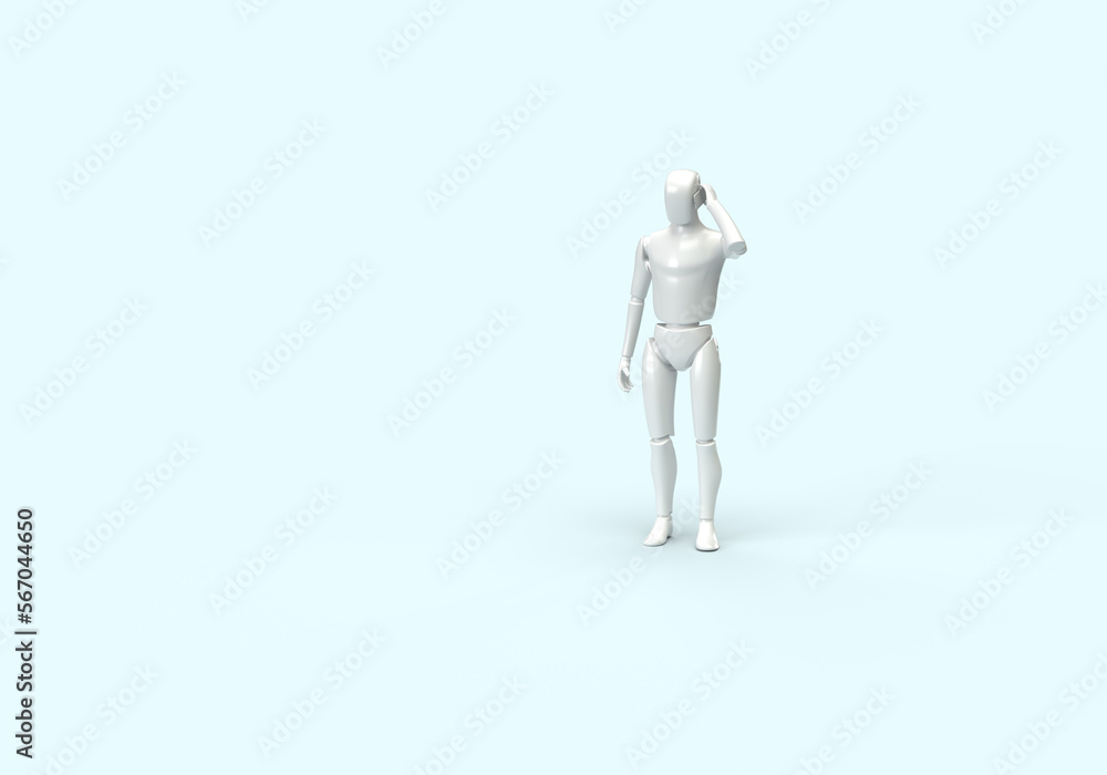 A modern human robot is holding a smartphone in its hands. The robot is talking on the phone. 3d render on the topic of communication, neural networks and artificial intelligence. Blue background. A modern human robot is holding a smartphone in its hands. The robot is talking on the phone. 3d render on the topic of communication, neural networks and artificial intelligence. Blue background.