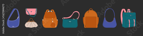 Women bags and backpacks. Cartoon female handbag cross body clutch purse, casual stylish accessories. Vector flat set