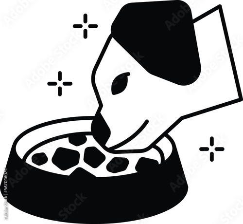 Dog taking kibble diet concept, dog eating from bowl vector icon design, Pet and Vet symbol, Animal Shelter sign, critter stock illustration 