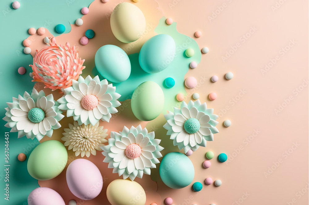 Minimalist, modern Easter background with flowers and Easter eggs in pastel colors with lots of free space from above, generative AI Minimalist, modern Easter background with flowers and Easter eggs in pastel colors with lots of free space from above, generative AI