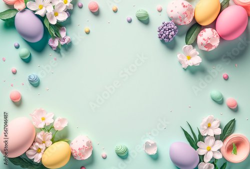 Minimalist, modern Easter background with flowers and Easter eggs in pastel colors with lots of free space from above, generative AI