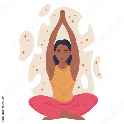 Female character meditation. Cartoon meditating woman sitting in yoga lotus pose, relaxed lady meditating. Meditation and stress relief flat vector illustration