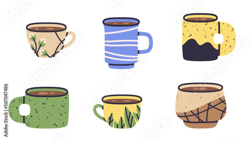 Hot coffee or tea ceramic cups. Hand drawn hot drinks, decorated porcelain mugs, doodle winter warming drinks cups vector flat illustration set