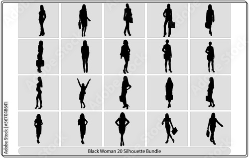 Black women silhouettes. Women with bags, standing, walking, jumping, dancing, making a selfie, sitting isolated figures. 