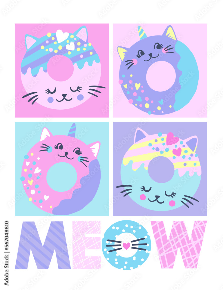 Fototapeta premium Fashion abstract t-shirt design with cat donuts. Cute background for little girl