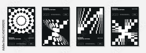 Abstract Bauhaus geometric pattern background, vector square lines art design. Black and white Swiss pattern backdrop, placard posters set.