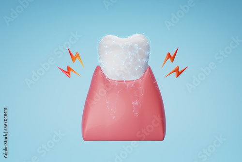 teeth and electric sparks metaphor sensitive teeth treatment and prevention. 3D rendering. photo