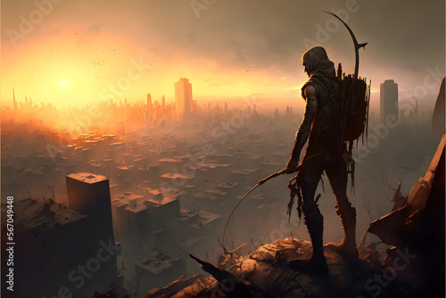 Last Survivor at a Apocalyptic City, Sunset Background Landscape, Illustration generativ ai 