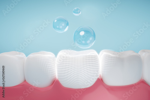 Drop of fluoride coating teeth and gums metaphor oral hygiene, cleaning teeth and gums. 3D rendering. photo
