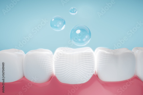 Drop of fluoride coating teeth and gums metaphor oral hygiene, cleaning teeth and gums. 3D rendering.