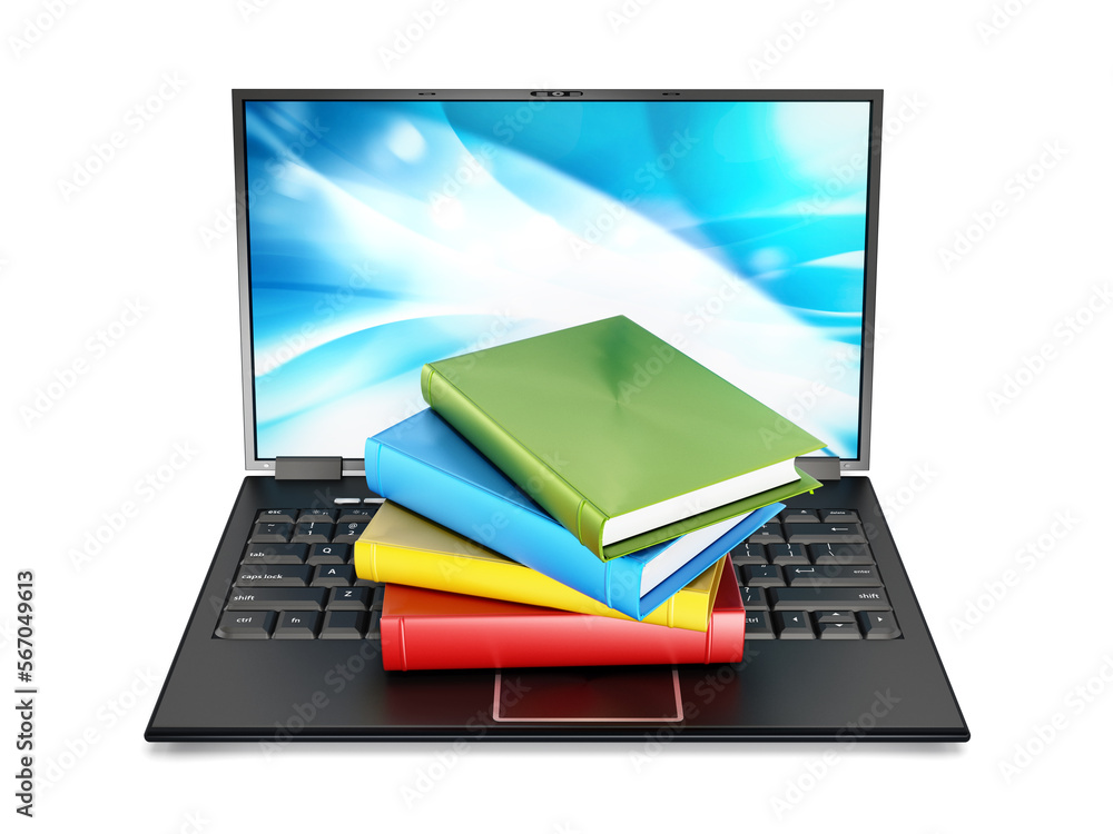 Book stack on laptop computer isolated on white background. 3D illustration Book stack on laptop computer isolated on white background. 3D illustration