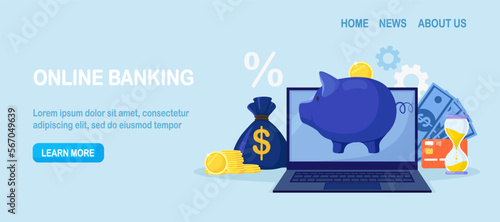 Mobile banking and online bill payment. Piggy bank, credit card, money on laptop screen. E-banking payments. Electronic bank wire transfer, online purchasing and transaction, internet funds transfers