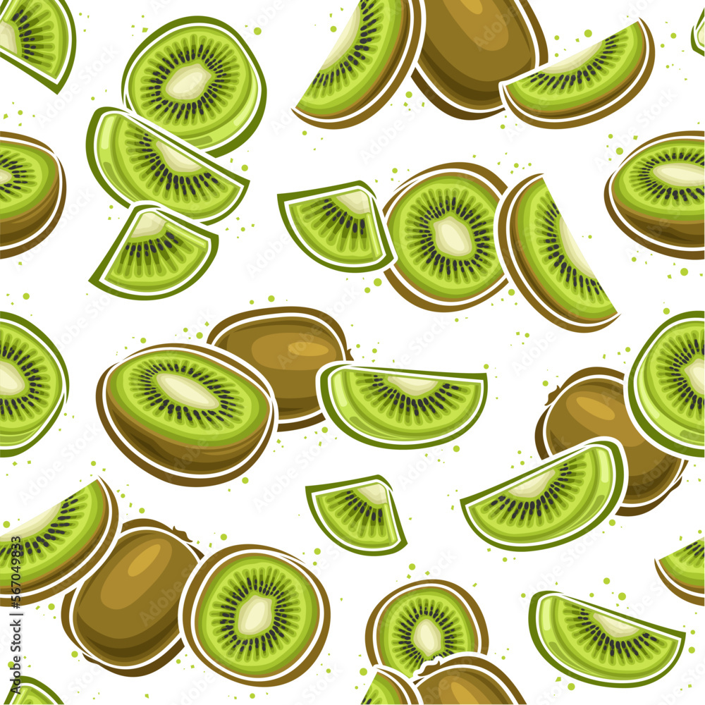 Vector Kiwi Seamless Pattern, square repeat background with illustration of kiwi fruit still life composition with grains for wrapping paper, group of flat lay sweet kiwi fruits on white background Vector Kiwi Seamless Pattern, square repeat background with illustration of kiwi fruit still life composition with grains for wrapping paper, group of flat lay sweet kiwi fruits on white background