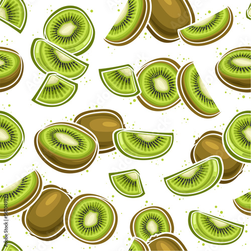 Vector Kiwi Seamless Pattern, square repeat background with illustration of kiwi fruit still life composition with grains for wrapping paper, group of flat lay sweet kiwi fruits on white background