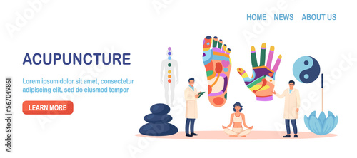 Acupuncture therapy, alternative medicine for disease prevention. Reflexology chart with description of corresponding internal organs. Stress relief. Acupuncturists analyze reflex zones hand, foot