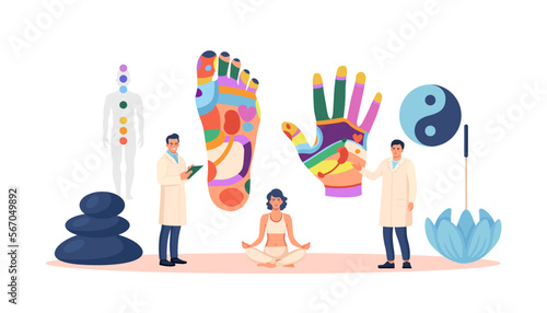Acupuncture therapy, alternative medicine for disease prevention. Reflexology chart with description of corresponding internal organs. Stress relief. Acupuncturists analyze reflex zones hand, foot