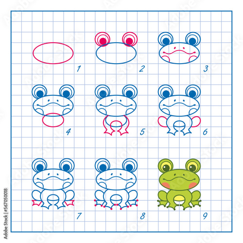 How to Draw Cute Frog, Step by Step Lesson for Kids cartoon vector illustration