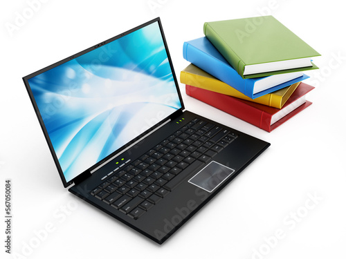 Book stack and laptop computer isolated on white background. 3D illustration