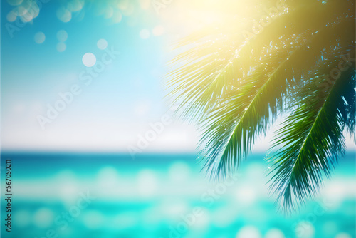 Tropical Palm Tree Background, Defocused turquoise blue ocean banner, Illustration generativ ai 