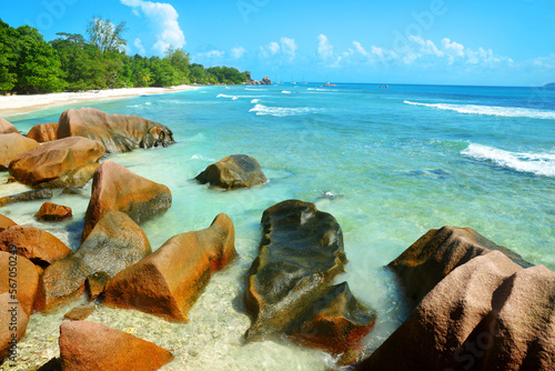 Anse Severe beach in the tropical island La Digue, Seychelles.