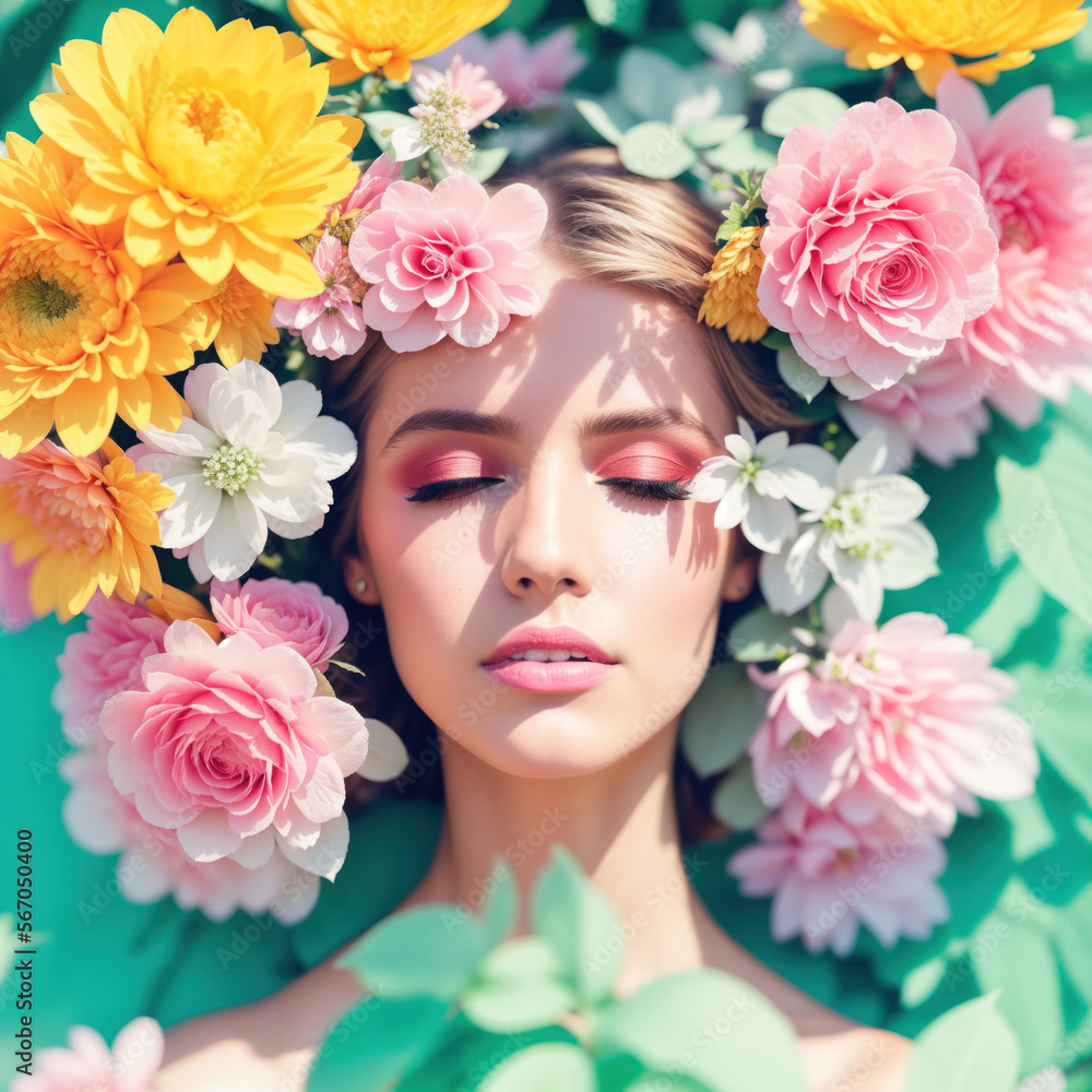 Close up portrait of a beautiful caucasian woman with flowers around her face. Glamour. Retro fashion look. Generative Ai