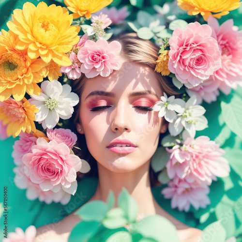 Close up portrait of a beautiful caucasian woman with flowers around her face. Glamour. Retro fashion look. Generative Ai © Maksim Kostenko